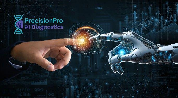 Human hand and robotic arm touching over a digital interface, symbolizing AI-powered diagnostics by PrecisionPro AI Diagnostics