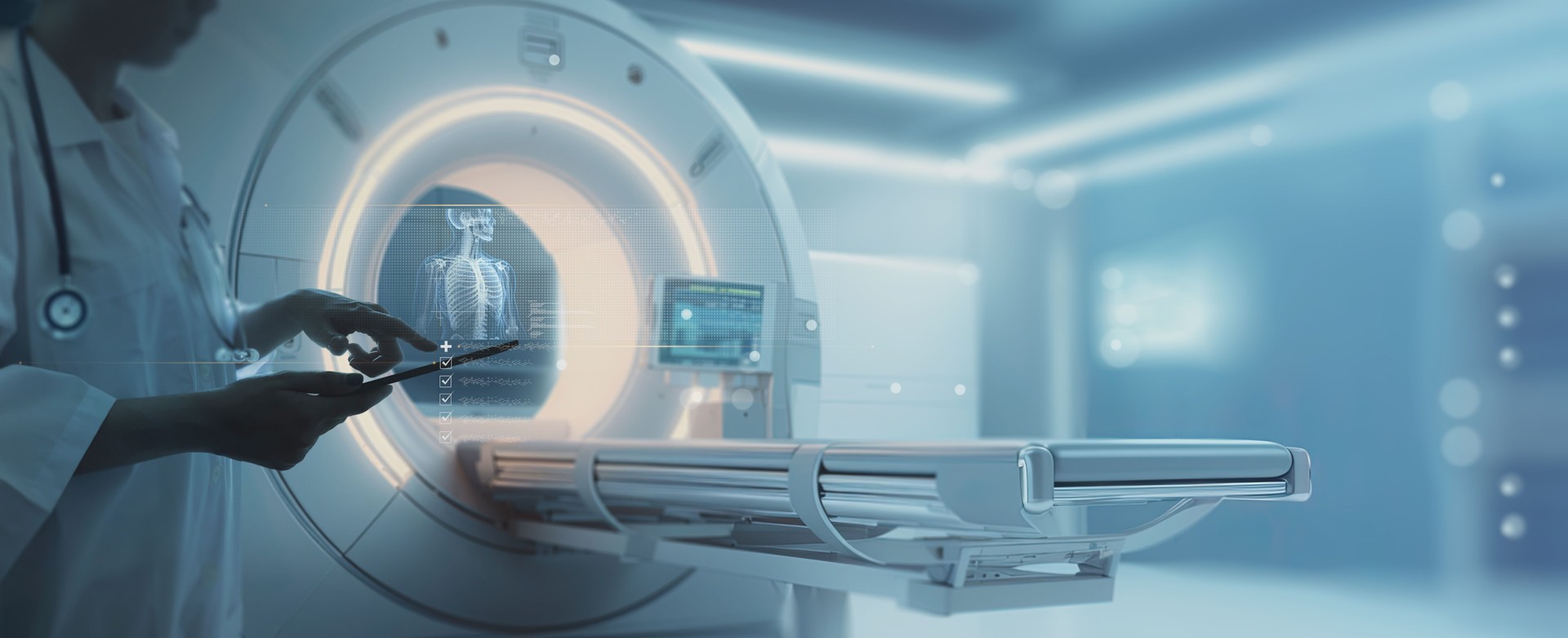 female doctor using digital tablet for advanced Mri x-ray scan medical diagnosis machine at hospital health care lab as wide banner with copy space area.