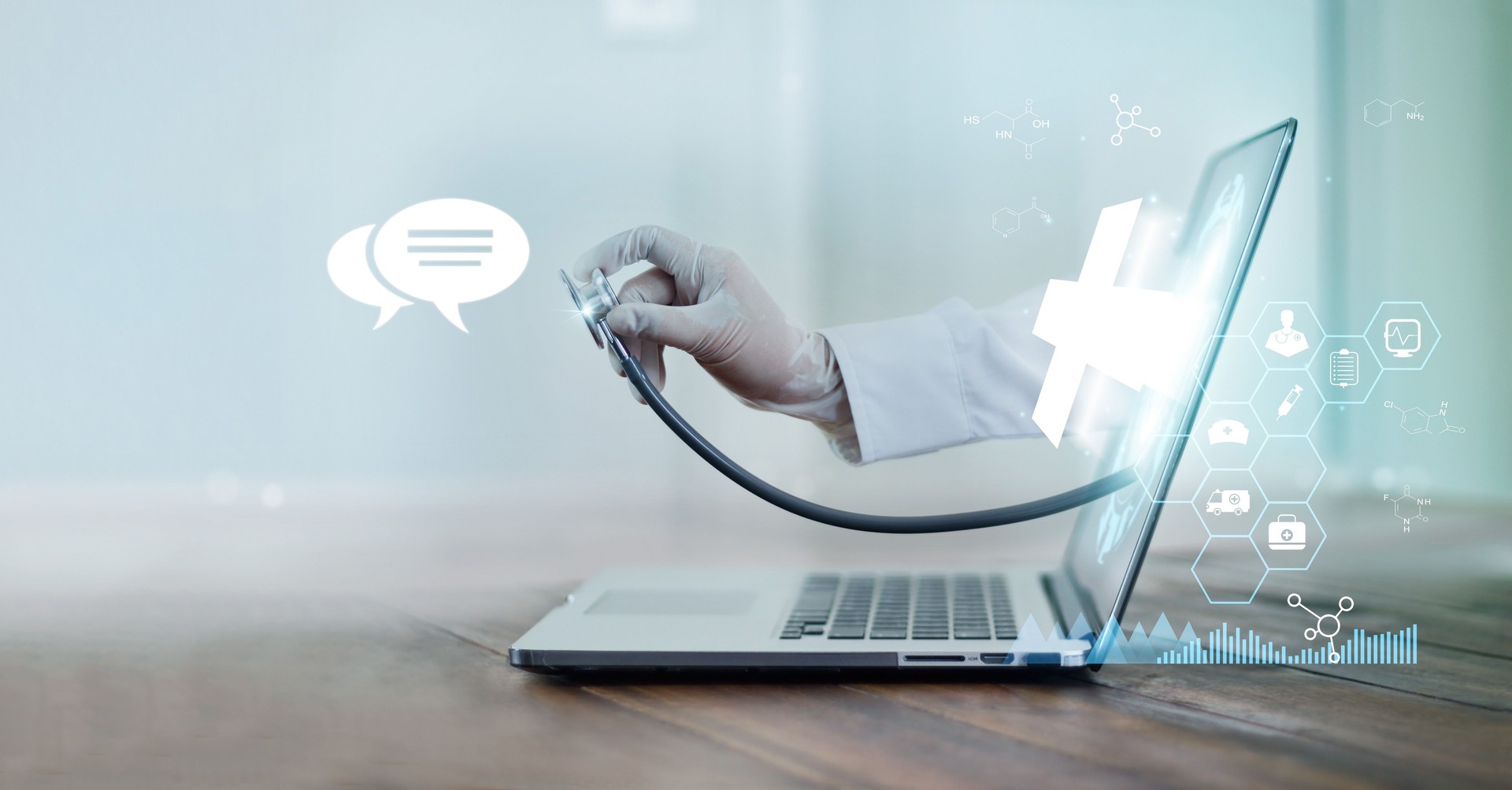 Virtual doctor concept, The doctor's hand with stethoscope protrudes from the laptop screen to examine the patient. Online consultation, Virtual hospital and online therapy.